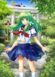  3girls alternate_costume blonde_hair commentary_request green_eyes green_hair hat kochiya_sanae moriya_suwako multiple_girls navel on_top_of_pole purple_hair ribbon rope sato-pon school_uniform serafuku shide shimenawa shrine skirt stone_torii torii touhou tree white_legwear yasaka_kanako 