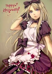  alice_(alice_in_wonderland) alice_(alice_in_wonderland)_(cosplay) alice_in_wonderland apron axis_powers_hetalia bad_id bad_pixiv_id belarus_(hetalia) blonde_hair blood bow cosplay dress female gloves hair_ribbon hairbow halloween happy_halloween long_hair pantyhose petticoat purple_eyes ribbon riku_(me-in) solo 