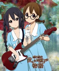  2girls alternate_hairstyle bad_id bad_pixiv_id bespectacled black_hair bondage bondage bound bound_wrists braid brown_eyes brown_hair dress electric_guitar fender_mustang glasses guitar hirasawa_yui holding_hands instrument interlocked_fingers k-on! k-on!_movie long_hair multiple_girls nakano_azusa official_style ragho_no_erika short_hair singing!_(k-on!) translated twin_braids 