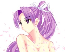  bad_id bad_pixiv_id female hair_ribbon highres long_hair looking_away meira_(touhou) nude petals photoshop_(medium) ponytail purple_eyes ribbon solo syouzyomiku touhou touhou_(pc-98) upper_body 