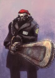  1boy blackball chainsaw commentary_request gas_mask gloves glowing glowing_eyes hat male_focus mask original photoshop_(medium) santa_hat solo 