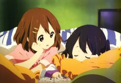  2girls absurdres black_hair brown_eyes brown_hair closed_eyes hair_ornament hairclip highres hirasawa_yui k-on! k-on!_movie multiple_girls nakano_azusa nyantype official_art scan short_hair sleeping union_jack yamada_naoko 