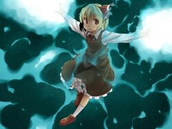  ascot blonde_hair brown_eyes commentary_request dress female glowing hair_ribbon outstretched_arms red_eyes ribbon rumia short_hair skirt socks solo spread_arms touhou white_socks yudepii 