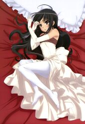  absurdres ahoge bare_shoulders bed black_hair brown_eyes dress elbow_gloves female full_body gloves highres imageboard_desourced long_hair looking_at_viewer lying non-web_source nyantype official_art on_side pantyhose pillow scan shakugan_no_shana shana solo strapless strapless_dress very_long_hair wavy_mouth white_dress white_gloves white_pantyhose yoshida_yuuko_(animator) 