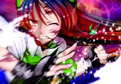  action bad_id bad_pixiv_id black_gloves blood blood_on_face braid clenched_hand clenched_teeth female fingerless_gloves gloves hair_ribbon hat hong_meiling long_hair one_eye_closed orange_eyes photoshop_(medium) red_eyes red_hair ribbon scrape solo teeth torizousui touhou twin_braids wince 