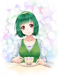  bad_id bad_pixiv_id banned_artist book cup green_hair hairband idolmaster idolmaster_(classic) looking_at_viewer mole mole_under_mouth nigiriushi otonashi_kotori red_eyes short_hair smile solo teacup 