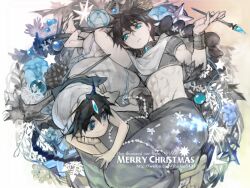  2boys aladdin_(magi) baggy_pants black_hair blue_eyes braid commentary_request jewelry judal long_hair magi_the_labyrinth_of_magic male_focus merry_christmas midriff monochrome multiple_boys neck_ring pants shishio_(shishio5431) single_braid smile snowflakes spot_color staff turban 