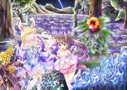  2girls animal_ears blonde_hair blush character_request commentary_request dress elin flower long_hair multiple_girls scenery sugiyuu tera_online 