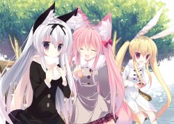  3girls animal_ear_fluff animal_ears baozi bench blonde_hair bow closed_eyes commentary_request eating food fox_ears hair_ribbon hairbow jacket long_hair multiple_girls original p19 pink_hair purple_eyes rabbit_ears red_eyes ribbon scarf sidelocks sitting skirt takoyaki tree twintails very_long_hair white_hair 