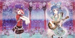  2girls album_cover bad_id bad_pixiv_id beret blue_dress blue_eyes blue_hair chair commentary_request cover dress floating_cloud flower guitar hair_flower hair_ornament hair_rings hair_stick hat hat_ornament highres instrument jiangshi kaku_seiga miyako_yoshika multiple_girls neme oerba_yun_fang ofuda open_mouth outstretched_arms purple_eyes shawl shirt sitting skirt smile snowing star_(symbol) star_hat_ornament touhou vest zombie_pose 