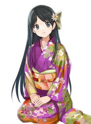  aqua_eyes black_hair blue_eyes blush commentary_request copyright_request female flower gaou_(umaiyo_puyoman) hair_flower hair_ornament japanese_clothes kimono long_hair looking_at_viewer obi own_hands_together photoshop_(medium) purple_kimono sash seiza simple_background sitting smile solo white_background 