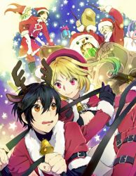  3boys 3girls alvin_(christmas)_(tales) alvin_(tales) animal_costume antlers bad_id bad_pixiv_id beard bell belt black_hair blonde_hair boots breasts brown_eyes brown_hair christmas cleavage elize_lutus elize_lutus_(christmas) facial_hair fur_trim gift gloves gradient_hair green_hair hat horns jude_mathis jude_mathis_(christmas) leia_rolando leia_rolando_(christmas) maruishi medium_breasts milla_maxwell milla_maxwell_(christmas) multicolored_hair multiple_boys multiple_girls official_alternate_costume red_eyes reindeer_antlers reindeer_costume rowen_j._ilbert rowen_j._ilbert_(christmas) santa_costume santa_hat sleigh tales_of_(series) tales_of_xillia thigh_boots thighhighs 