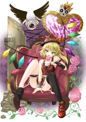  alternate_costume bad_id bad_pixiv_id black_thighhighs blonde_hair candy chair contemporary feet female flandre_scarlet flower food fujishima_shinnosuke hat lollipop photoshop_(medium) rose shoes short_hair side_ponytail single_shoe sitting skull sock_dangle solo thighhighs thighhighs_pull top_hat touhou wings 