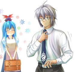  1boy ahoge apron bad_id bad_pixiv_id belt blush briefcase contemporary couple female glasses hat hinami_(hinatamizu) husband_and_wife jewelry kamishirasawa_keine long_hair morichika_rinnosuke necktie ring smile straight sweat touhou upper_body wedding_ring 