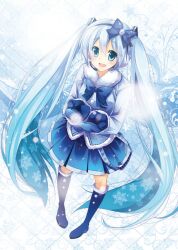  blue_eyes blue_hair boots bow commentary_request female hairbow hatsune_miku headset long_hair mocha_(naturefour) photoshop_(medium) scarf skirt smile snow snowflakes solo twintails very_long_hair vocaloid yuki_miku yuki_miku_(2012) 