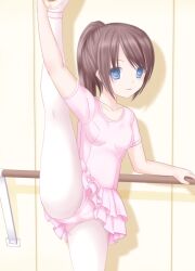  bad_id bad_pixiv_id ballerina ballet ballet_slippers barre blue_eyes brown_hair female flexible footwear_ribbon highres leg_up leotard long_hair original pantyhose photoshop_(medium) ponytail short_hair skirt solo tukino_neru 