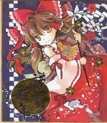  ascot bow brown_eyes brown_hair commentary_request detached_sleeves female flower gohei hair_tubes hairbow hakurei_reimu highres letterboxed marker_(medium) new_year oonusa red_bow shikishi shirt skirt smile socha solo touhou traditional_media 