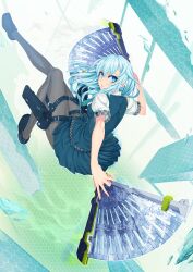  ayaki black_pantyhose blue_eyes blue_hair commentary_request dual_wielding female folding_fan hand_fan highres holding holster original pantyhose shirt skirt skirt_set solo vest 