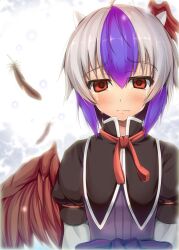  bad_id bad_pixiv_id bird_wings blush brown_wings crying crying_with_eyes_open feathered_wings feathers female furrowed_brow grey_hair head_wings hinami_(hinatamizu) horns multicolored_hair neck_ribbon purple_hair red_eyes red_ribbon ribbon sad short_hair simple_background single_head_wing solo straight-on tears tokiko_(touhou) touhou two-tone_hair upper_body wavy_mouth white_horns wings 