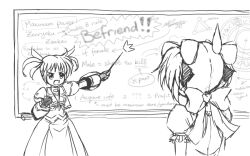  banned_artist crossover greyscale kaname_madoka lyrical_nanoha magical_girl mahou_shoujo_lyrical_nanoha mahou_shoujo_madoka_magica monochrome multiple_girls nigiriushi pointer science sweatdrop takamachi_nanoha teaching whiteboard 