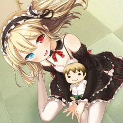  bare_shoulders black_dress blonde_hair boku_wa_tomodachi_ga_sukunai buntan character_doll checkered_floor commentary_request detached_sleeves dress female flat_chest from_above gothic_lolita hair_ribbon hairband hasegawa_kobato hasegawa_kodaka heterochromia lolita_fashion lolita_hairband long_hair looking_at_viewer looking_up oerba_yun_fang open_mouth pants pantyhose ribbon shirt smile solo tile_floor tiles two_side_up white_pantyhose 