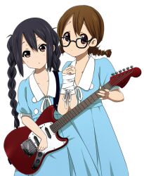  2girls alternate_hairstyle bad_id bad_pixiv_id bespectacled black_hair bondage bondage bound bound_wrists braid brown_eyes brown_hair dress electric_guitar fender_mustang glasses guitar hirasawa_yui holding_hands instrument interlocked_fingers k-on! k-on!_movie long_hair multiple_girls nakano_azusa official_style ragho_no_erika short_hair singing!_(k-on!) twin_braids 