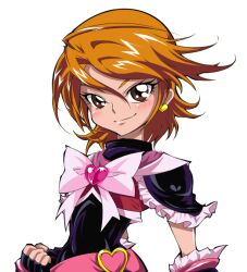  bow brooch brown_eyes brown_hair clenched_hand commentary_request cure_black earrings eyelashes female fingerless_gloves futari_wa_precure gloves heart heart_brooch jewelry magical_girl misumi_nagisa photoshop_(medium) precure ribbon short_hair sinko_(sinsin) smile solo white_background 