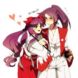  2girls :p aged_down akasata androgynous annoyed arm_grab arm_hug black_eyes blush bow commentary_request crossed_arms crushing gohei hair_ribbon hair_tubes hairbow hakurei_reimu hakurei_reimu_(pc-98) heart japanese_clothes kataginu katana locked_arms long_hair long_sleeves looking_at_another lovestruck meira_(touhou) miko multiple_girls open_mouth ponytail purple_eyes purple_hair ribbon samurai simple_background smile sweat sword tongue tongue_out touhou touhou_(pc-98) very_long_hair vest weapon wide_sleeves yuri 