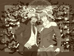  2boys barnaby_brooks_jr christmas highres kaburagi_t_kotetsu monochrome multiple_boys smile standing tiger_&amp;_bunny 