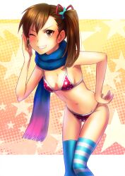  asymmetrical_legwear bent_over bikini blue_thighhighs brown_eyes brown_hair commentary_request female futami_mami grin idolmaster idolmaster_(classic) idolmaster_2 long_hair mismatched_legwear one_eye_closed photoshop_(medium) print_bikini scarf side_ponytail smile solo star_(symbol) star_print striped_clothes striped_thighhighs swimsuit thigh_gap thighhighs tsukuru_(seki_sabato) 