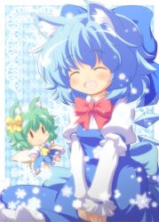  2girls animal_ears ascot blue_dress blue_hair blush bow cat_ears chibi cirno closed_eyes commentary_request daiyousei dress green_hair hairbow highres kemonomimi_mode mini_person minigirl multiple_girls nullpooo oerba_yun_fang open_mouth shirt short_hair smile touhou v_arms wings |_| 