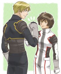  2boys bad_id bad_pixiv_id banagher_links blonde_hair blue_eyes fist_bump gundam gundam_unicorn multiple_boys pilot_suit redpipin riddhe_marcenas 