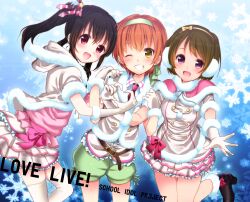  3girls bad_id bad_pixiv_id belt black_hair brown_hair commentary_request dress earmuffs grin hairband highres hoshizora_rin kiyose_akame koizumi_hanayo love_live! love_live!_school_idol_project multiple_girls one_eye_closed open_mouth orange_hair outstretched_arm outstretched_hand photoshop_(medium) red_eyes short_hair shorts smile snow_halation thighhighs twintails white_legwear yazawa_nico yellow_eyes 