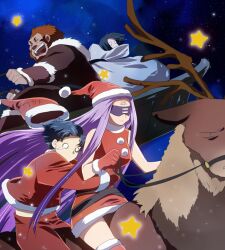  3boys bare_shoulders beard black_hair blindfold blue_hair bob_cut christmas commentary_request dress facial_hair fate/stay_night fate/zero fate_(series) female gloves hat iskandar_(fate) long_hair matou_shinji medusa_(fate) medusa_(rider)_(fate) multiple_boys night purple_hair red_hair reindeer reins sack santa_costume santa_hat star_(symbol) tears ten_(kisako) very_long_hair waver_velvet 