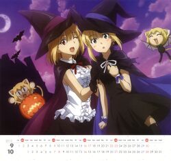  2012 2girls absurdres alternate_costume amisaki_ryouko arcueid_brunestud artoria_pendragon_(fate) bat_(animal) bat_wings blonde_hair blush calendar_(medium) cape carnival_phantasm cosplay crescent_moon dress fate/stay_night fate_(series) green_eyes halloween hat highres moon multiple_girls neco-arc neco-arc_bubbles neco_spirit october official_art one_eye_closed pumpkin_costume red_eyes saber_(fate) september sidelocks skirt sleeveless thighhighs tsukihime type-moon wings witch witch_hat 