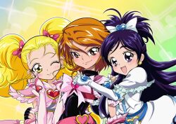  3girls :d black_eyes black_hair blonde_hair bow brooch brown_eyes brown_hair commentary_request cure_black cure_white earrings eyelashes futari_wa_precure futari_wa_precure_max_heart group_picture half_updo happy heart heart_brooch jewelry kujou_hikari long_hair magical_girl misumi_nagisa multiple_girls one_eye_closed open_mouth photoshop_(medium) precure ribbon shiny_luminous short_hair sinko_(sinsin) smile twintails yellow_eyes yukishiro_honoka 