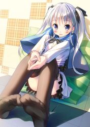  black_thighhighs blue_eyes commentary_request feet female foot_focus foreshortening hair_ribbon long_hair looking_at_viewer no_shoes original photoshop_(medium) purple_hair ribbon sitting skirt smile soles solo takoyaki_(roast) thighhighs twintails 