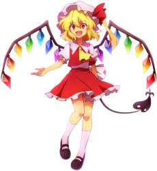  ascot blonde_hair commentary_request female flandre_scarlet frills full_body hanjuku_tomato hat hat_ribbon kneehighs laevatein_(touhou) mary_janes oerba_yun_fang open_mouth rainbow_order red_eyes ribbon shirt shoes short_hair side_ponytail simple_background skirt skirt_set socks solo touhou vest white_background white_socks wings 