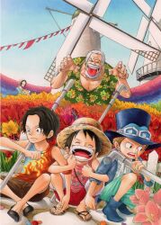  4boys aged_down arm_hug basket black_hair boots brothers bug bush closed_eyes commentary_request dutch_angle female fence finger_to_mouth flower freckles gimp_(medium) goggles hat kara_(acluf-0156) ladybug lead_pipe makino_(one_piece) monkey_d._garp monkey_d._luffy multiple_boys old old_man on_one_knee one_piece open_mouth portgas_d._ace sabo_(one_piece) sandals scar shirt siblings sitting smile squatting straw_hat t-shirt tongue top_hat white_hair windmill wooden_fence 