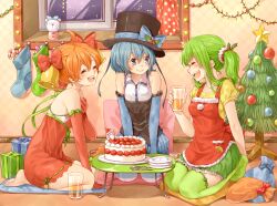  3girls :d ^_^ ahoge bare_shoulders bell bellko_(rbb) blue_eyes blue_hair blush cake christmas_stocking christmas_tree closed_eyes commentary_request curtains elbow_gloves food fork fruit gift glass gloves green_hair green_legwear hair_bell hair_ornament hamko_(rbb) hat hat_ribbon holding ketsuko_(rbb) kneeling looking_at_another multiple_girls open_mouth orange_hair original ponytail rainybluebell ribbon rojiko sack short_hair smile star_(symbol) strawberry thighhighs top_hat window 