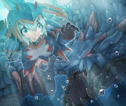  air_bubble aqua_eyes aqua_hair armor bad_id bad_pixiv_id bubble female freediving glowing glowing_eyes hattori_masaki lagiacrus lagiacrus_(armor) monster_hunter_(character) monster_hunter_(series) open_mouth puffy_cheeks red_eyes swimming underwater 