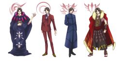  4boys aion_kiu brown_eyes brown_hair commentary_request cosplay costume_chart fate/stay_night fate/zero fate_(series) gilles_de_rais_(caster)_(fate) gilles_de_rais_(caster)_(fate)_(cosplay) highres iskandar_(fate) iskandar_(fate)_(cosplay) kayneth_el-melloi_archibald kayneth_el-melloi_archibald_(cosplay) kotomine_kirei male_focus mullet multiple_boys multiple_persona photoshop_(medium) tohsaka_tokiomi tohsaka_tokiomi_(cosplay) 