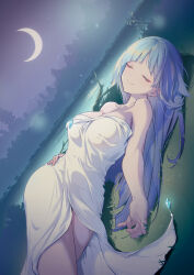  artemis_(danmachi) bare_shoulders blue_hair blunt_bangs breasts closed_eyes dress dungeon_ni_deai_wo_motomeru_no_wa_machigatteiru_darou_ka dutch_angle female highres large_breasts lying moon official_art on_back on_grass solo white_dress 