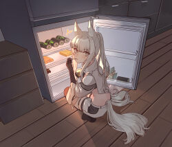  ^^^ absurdres animal_ears arknights bright_pupils brown_gloves can caught commentary_request crop_top drink_can eating elbow_gloves energy_drink female full_body gloves highres holding indoors long_hair looking_at_viewer night on_floor platinum_(arknights) ponytail refrigerator shorts sidelocks solo squatting suzubotan sweatdrop tail turtleneck white_hair white_pupils white_shorts white_tail yellow_eyes 