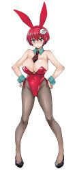  amate_yuzuriha animal_ears aqua_eyes bare_shoulders blush breasts closed_mouth commentary_request covered_navel detached_collar fake_animal_ears female full_body gundam gundam_gquuuuuux hair_ornament hands_on_own_hips haro highres large_breasts leotard looking_at_viewer necktie pantyhose playboy_bunny rabbit_ears red_hair red_leotard robot short_hair simple_background strapless strapless_leotard takurou wrist_cuffs 