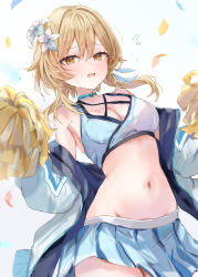  absurdres bare_shoulders blonde_hair blue_choker blue_shirt blue_skirt blush breasts cheerleader choker cleavage commentary_request confetti cowboy_shot criss-cross_halter crop_top embarrassed female flower genshin_impact hair_flower hair_ornament halterneck highres holding holding_pom_poms jacket long_sleeves looking_at_viewer lumine_(genshin_impact) maruro medium_breasts midriff miniskirt navel off_shoulder open_clothes open_jacket open_mouth pleated_skirt pom_pom_(cheerleading) shirt short_hair_with_long_locks skirt sleeveless sleeveless_shirt solo stomach sweat two-tone_shirt white_jacket white_shirt yellow_eyes 