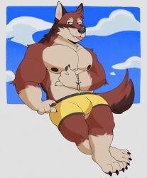  1boy anchor_bracelet animal_ears bara barefoot blue_sky boxers bulge claws cloud cloudy_sky echo_(visual_novel) echo_project english_commentary fang_out furry furry_male highres hitzuca leo_alvarez male_focus male_underwear nipples oerba_yun_fang pawpads pectorals sky smile tail tongue tongue_out topless_male underwear wolf_boy wolf_ears wolf_tail yellow_male_underwear 