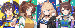  4girls :d animal_ears bare_shoulders black_jacket blonde_hair blue_bow blue_collar blue_eyes blue_hair blue_nails blue_shirt blush bow breasts brown_hair clothing_cutout collar collarbone daitaku_helios_(umamusume) fingerless_gloves fishnets fur-trimmed_jacket fur_trim gloves gold_city_(umamusume) green_jacket grin hairbow hands_up horse_ears jacket long_hair long_sleeves looking_at_viewer mauve medium_breasts mejiro_palmer_(umamusume) multicolored_hair multicolored_nails multiple_girls nail_polish open_clothes open_jacket orange_nails ponytail shirt short_sleeves shoulder_cutout side_ponytail small_breasts smile star_(symbol) streaked_hair swept_bangs thumbs_up tosen_jordan_(umamusume) twintails umamusume v white_gloves white_hair white_jacket yellow_shirt 