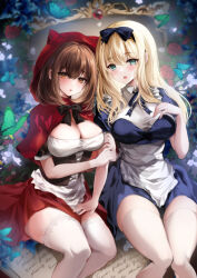  2girls :o alice_(alice_in_wonderland) alice_in_wonderland animal_hood apron aqua_eyes black_bow black_bowtie blonde_hair blue_bow blue_dress book bow bowtie breasts brown_eyes brown_hair bug butterfly capelet cat_hood cleavage crossover dress hairbow hand_on_another&#039;s_thigh hand_on_own_chest holding_another&#039;s_arm hood hooded_capelet large_breasts little_red_riding_hood little_red_riding_hood_(grimm) mafuyu_(kanden_shoujyo) multiple_girls open_book parted_lips red_capelet red_dress red_hood thighhighs underbust white_apron white_thighhighs zettai_ryouiki 