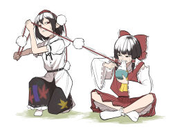  2girls ascot black_hair black_skirt bow bowl chopsticks collared_shirt detached_sleeves eating frilled_bow frilled_skirt frills hair_tubes hairbow hakurei_reimu hat highres holding holding_bowl holding_chopsticks indian_style multiple_girls no_shoes peroponesosu. pleated_skirt pom_pom_(clothes) red_bow red_eyes red_ribbon red_shirt red_skirt ribbon ribbon-trimmed_bow ribbon-trimmed_sleeves ribbon_trim shameimaru_aya shirt short_hair short_hair_with_long_locks sidelocks sitting skirt sleeveless sleeveless_shirt socks sweatdrop tokin_hat touhou white_background white_shirt white_sleeves white_socks yellow_ascot 